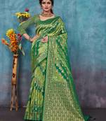 Sangam Prints Green Banarasi silk blend Rich Pallu silk Traditional Tassels Saree