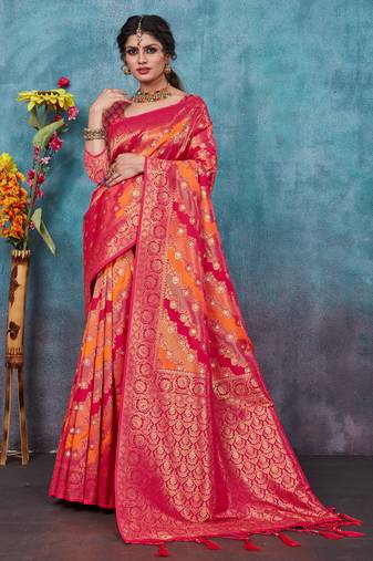 Sangam Prints Magenta & Orange Banarasi silk blend Rich Pallu silk Traditional Tassels Saree
