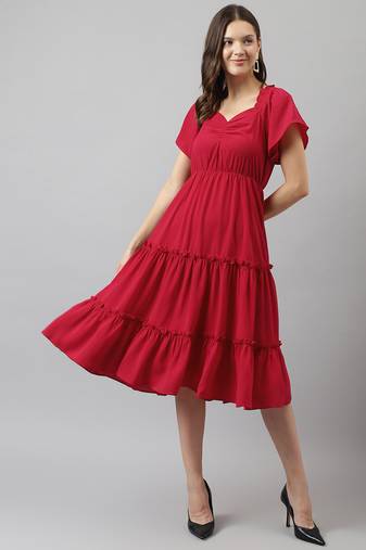 Keri perry women's red rayon solid tiered western dress