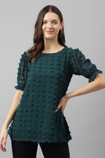 Keri perry women's teal blue dobby georgette woven straight western top