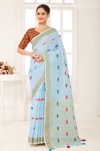 Sangam Prints Sky blue Banarasi Silk Woven Work Traditional Tassels Saree