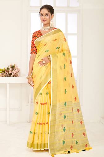 Sangam Prints Yellow Banarasi Silk Woven Work Traditional Tassels Saree