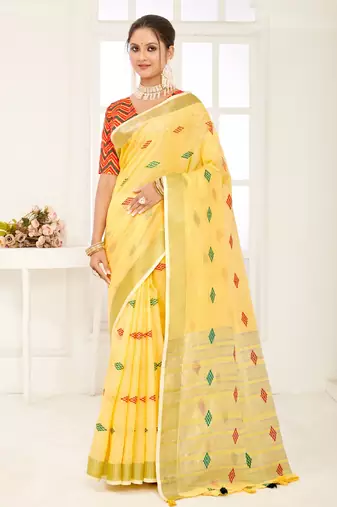 Sangam Prints Yellow Banarasi Silk Woven Work Traditional Tassels Saree