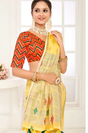 Sangam Prints Yellow Banarasi Silk Woven Work Traditional Tassels Saree