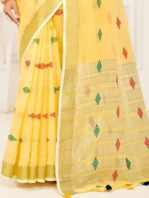 Sangam Prints Yellow Banarasi Silk Woven Work Traditional Tassels Saree 3