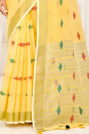 Sangam Prints Yellow Banarasi Silk Woven Work Traditional Tassels Saree