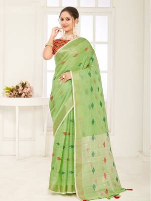 Sangam Prints Light Green Banarasi Silk Woven Work Traditional Tassels Saree 1
