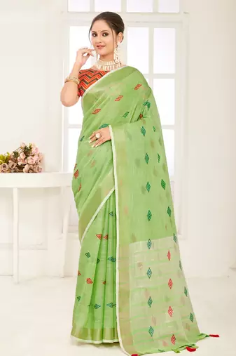 Sangam Prints Light Green Banarasi Silk Woven Work Traditional Tassels Saree