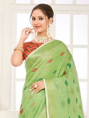 Sangam Prints Light Green Banarasi Silk Woven Work Traditional Tassels Saree 2