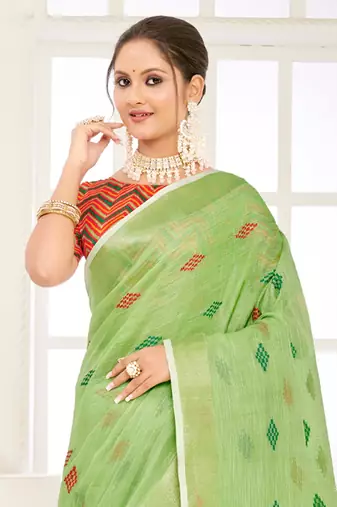 Sangam Prints Light Green Banarasi Silk Woven Work Traditional Tassels Saree