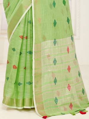 Sangam Prints Light Green Banarasi Silk Woven Work Traditional Tassels Saree 3