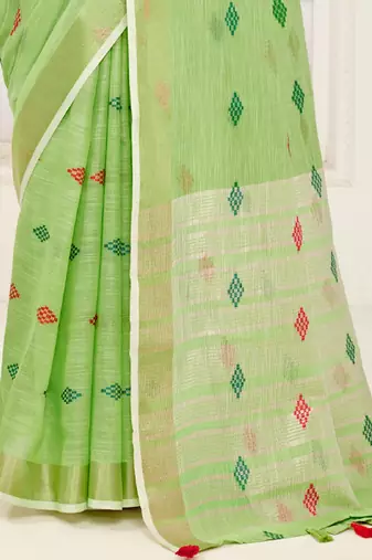 Sangam Prints Light Green Banarasi Silk Woven Work Traditional Tassels Saree