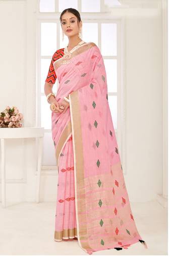 Sangam Prints Pink Banarasi Silk Woven Work Traditional Tassels Saree