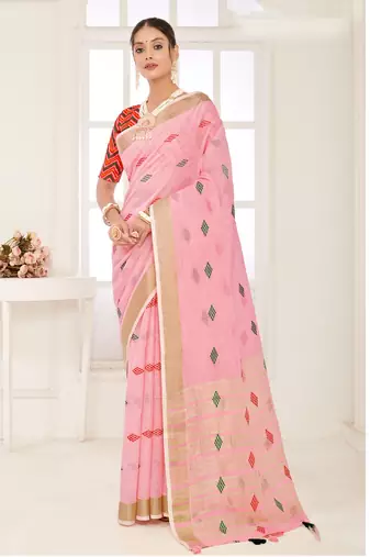 Sangam Prints Pink Banarasi Silk Woven Work Traditional Tassels Saree