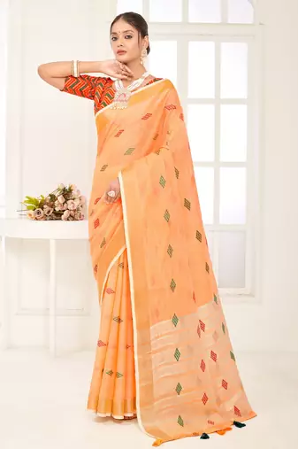 Sangam Prints Orange Banarasi Silk Woven Work Traditional Tassels Saree