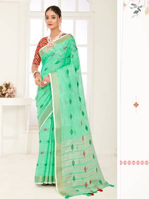 Sangam Prints Sea Green Banarasi Silk Woven Work Traditional Tassels Saree 1