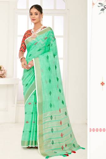 Sangam Prints Sea Green Banarasi Silk Woven Work Traditional Tassels Saree