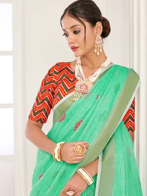 Sangam Prints Sea Green Banarasi Silk Woven Work Traditional Tassels Saree 2