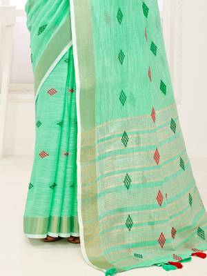 Sangam Prints Sea Green Banarasi Silk Woven Work Traditional Tassels Saree 3