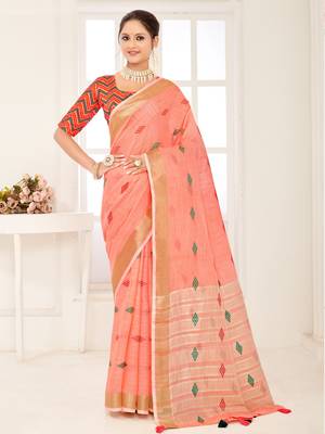 Sangam Prints Peach Banarasi Silk Woven Work Traditional Tassels Saree 1