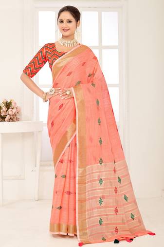 Sangam Prints Peach Banarasi Silk Woven Work Traditional Tassels Saree