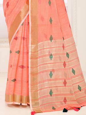 Sangam Prints Peach Banarasi Silk Woven Work Traditional Tassels Saree 3