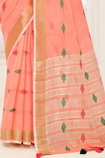 Sangam Prints Peach Banarasi Silk Woven Work Traditional Tassels Saree