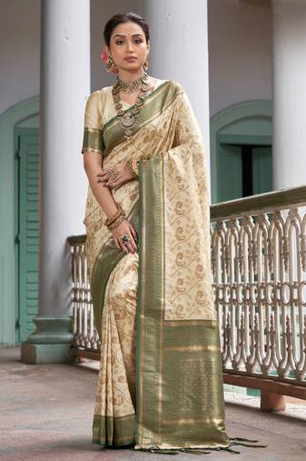Sangam Prints Cream Banarasi Silk Woven Work Traditional Tassels Saree