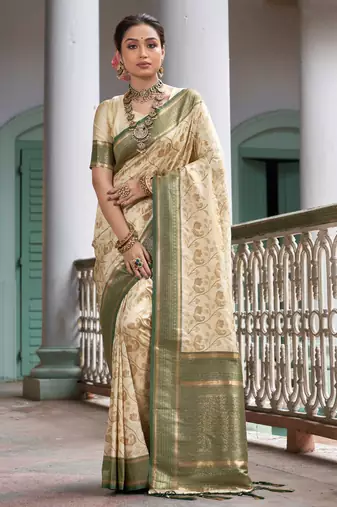 Sangam Prints Cream Banarasi Silk Woven Work Traditional Tassels Saree