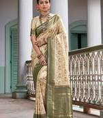 Sangam Prints Cream Banarasi Silk Woven Work Traditional Tassels Saree