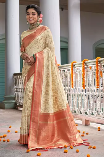 Sangam Prints Cream Banarasi Silk Woven Work Traditional Tassels Saree