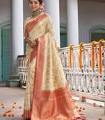 Sangam Prints Cream Banarasi Silk Woven Work Traditional Tassels Saree