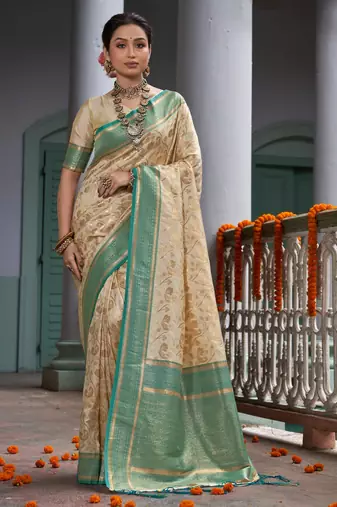 Sangam Prints Cream Banarasi Silk Woven Work Traditional Tassels Saree