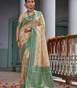 Sangam Prints Cream Banarasi Silk Woven Work Traditional Tassels Saree