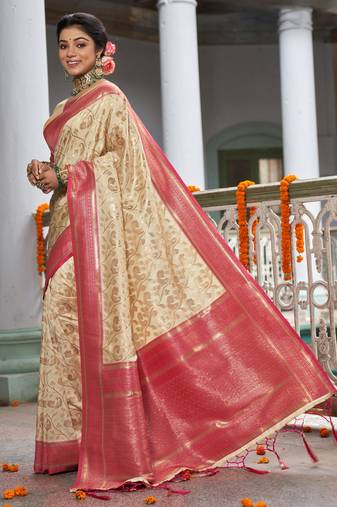 Sangam Prints Cream Banarasi Silk Woven Work Traditional Tassels Saree