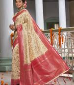 Sangam Prints Cream Banarasi Silk Woven Work Traditional Tassels Saree