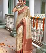 Sangam Prints Cream Banarasi Silk Woven Work Traditional Tassels Saree