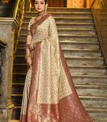 Sangam Prints Cream Banarasi Silk Woven Work Traditional Tassels Saree