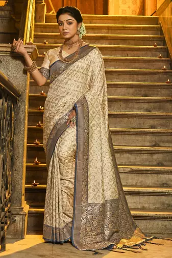 Cream Banarasi silk blend Woven Work Traditional Tassels Saree