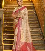 Cream Banarasi silk blend Woven Work Traditional Tassels Saree