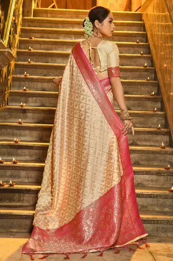 Cream Banarasi silk blend Woven Work Traditional Tassels Saree
