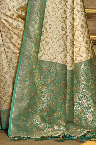 Sangam Prints Cream Faux Banarasi Silk Woven Work Traditional Tassels Saree