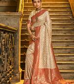 Cream Banarasi silk blend Woven Work Traditional Tassels Saree