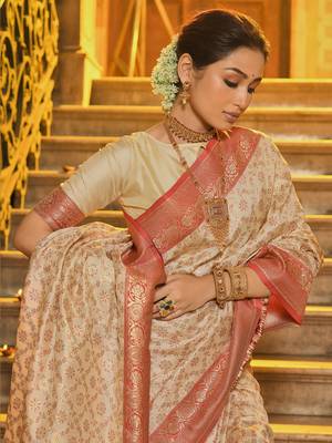 Cream Banarasi silk blend Woven Work Traditional Tassels Saree 3