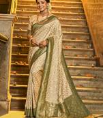 Cream Banarasi silk blend Woven Work Traditional Tassels Saree