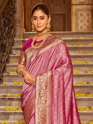 Light Pink Banarasi silk blend Woven Work Traditional Tassels Saree 2