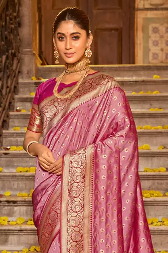 Light Pink Banarasi silk blend Woven Work Traditional Tassels Saree