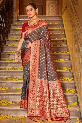 Sangam Prints Grey Faux Banarasi Silk Woven Work Traditional Tassels Saree