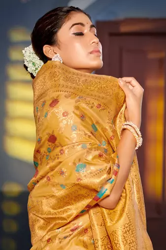 Mustard Banarasi silk blend Woven Work Traditional Tassels Saree