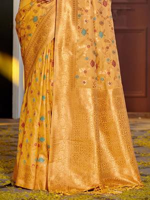 Mustard Banarasi silk blend Woven Work Traditional Tassels Saree 3